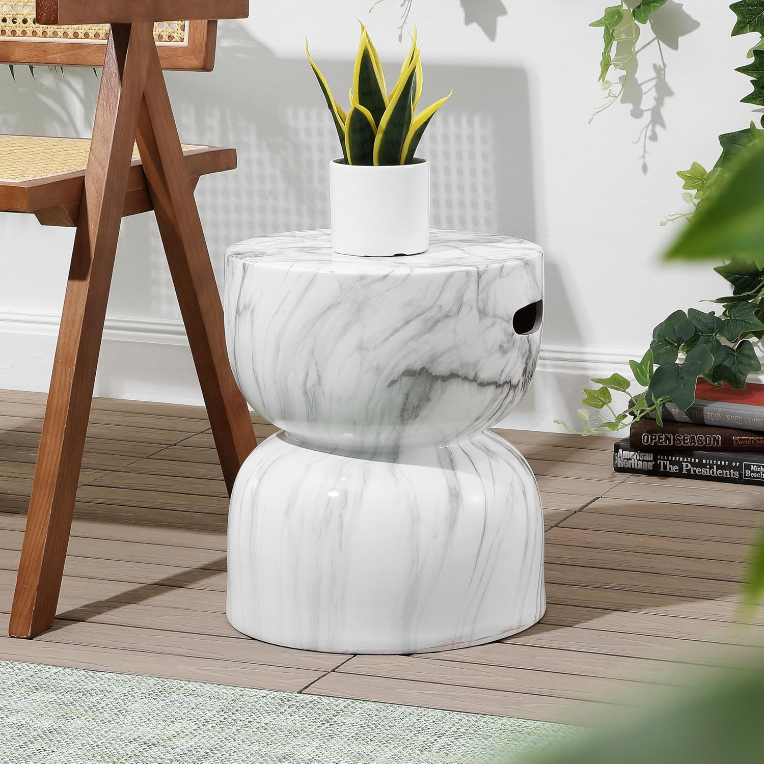 JONATHAN Y TBL1033A Zakhai 14.75" Contemporary Modern Marble Glaze Drum Indoor/Outdoor Garden Stool, White/Gray