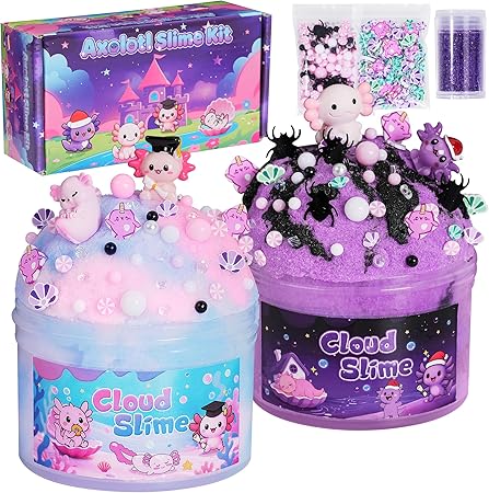Axolotl Cloud Slime Kit 2 Pack - 14oz Non-Sticky DIY Slime for Kids, Includes Cute Axolotl Charms & Add-Ins, Glitter, ASMR Sensory Toys, Slime Party Favors for Girls Boys