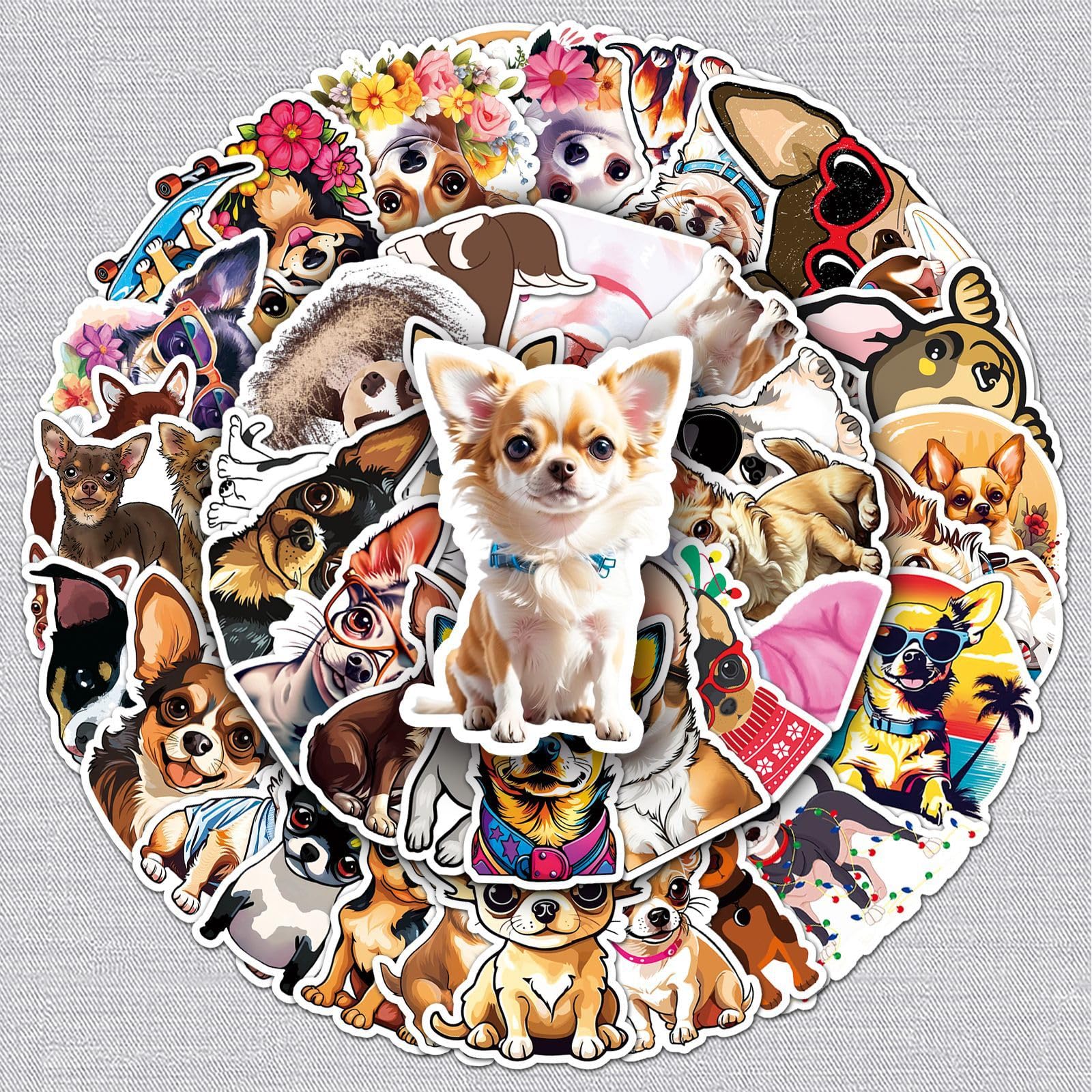 Chihuahua Aufkleber Set 50 Stück - Niedliche Deko Für Auto, Laptop, Skateboard, PVC, Wasserdicht