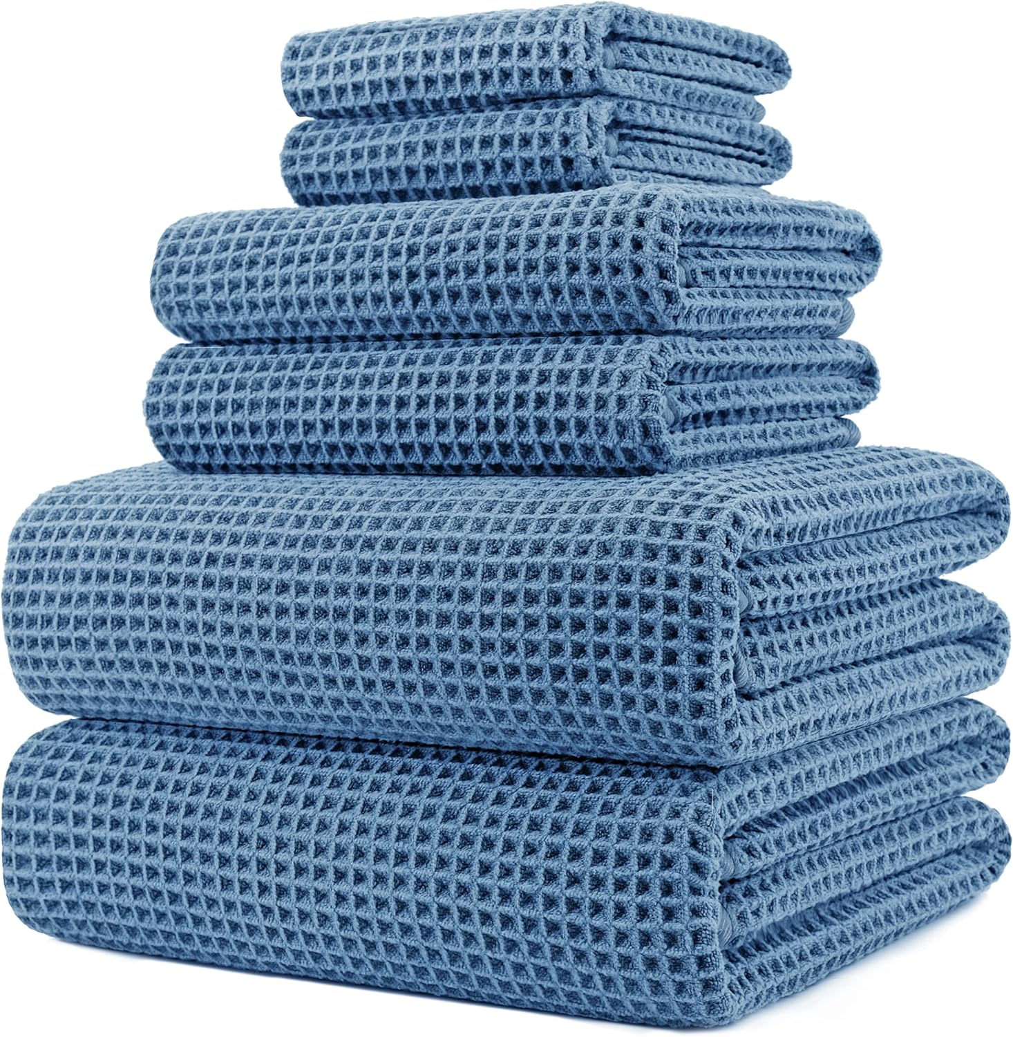 POLYTE 430 GSM Microfiber Quick Dry Lint Free Oversize Bath Towel Set, 6 Piece (Waffle Weave)