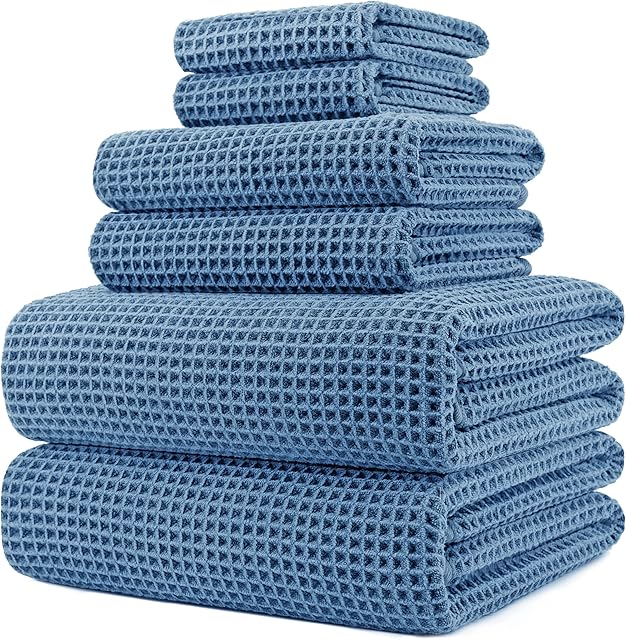 POLYTE Microfibre Oversize, 76 x 152 cm, Quick Dry Lint Free Bath Towel Set, 6 Piece (Blue, Waffle Weave)