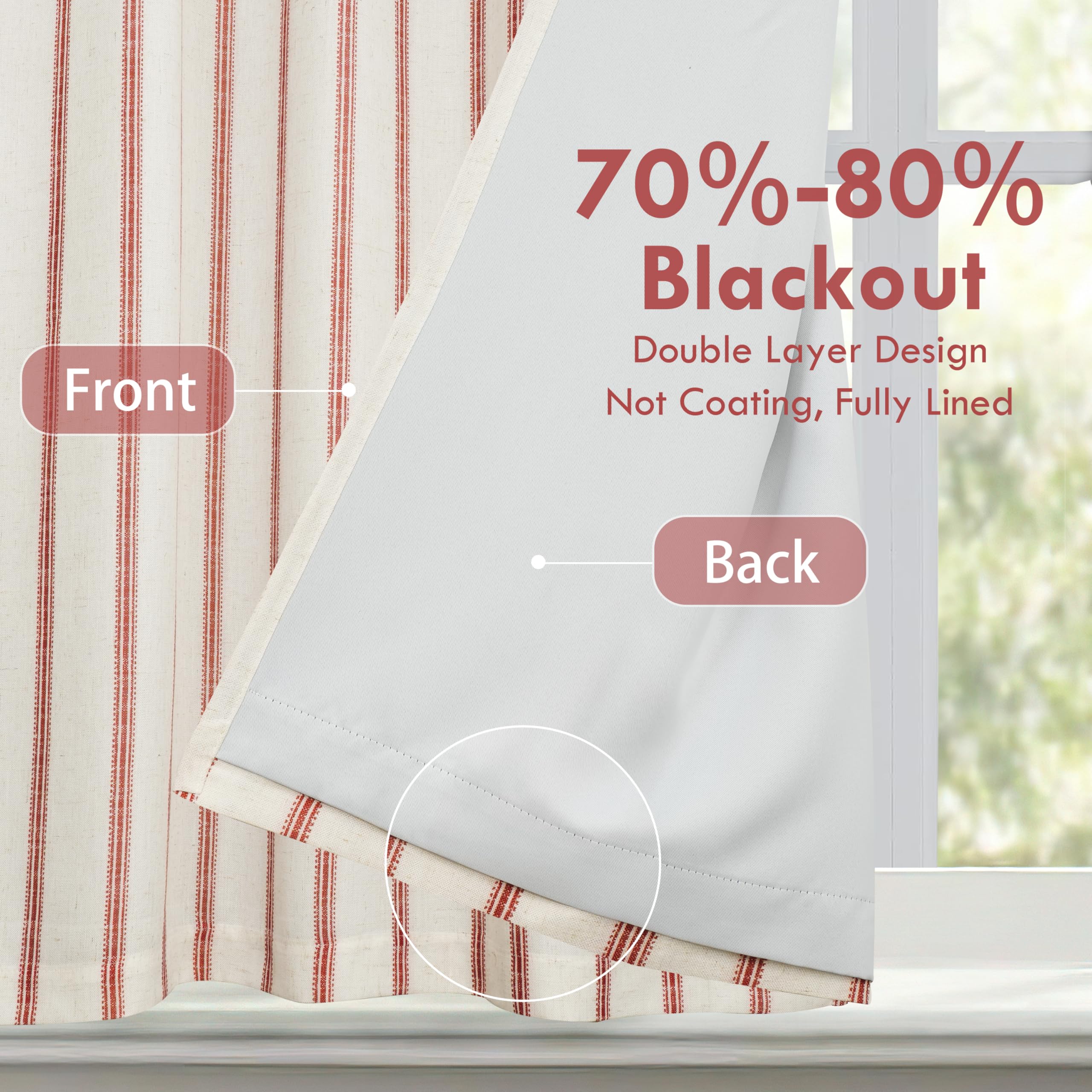 DriftAway Farmhouse Double Layer Linen Blackout Tie Up Curtains Thermal Insulated Vertical Striped Fully Lined Balloon Roman Shade Bathroom Window Adjustable Rod Pocket 45 Inch by 63 Inch Red