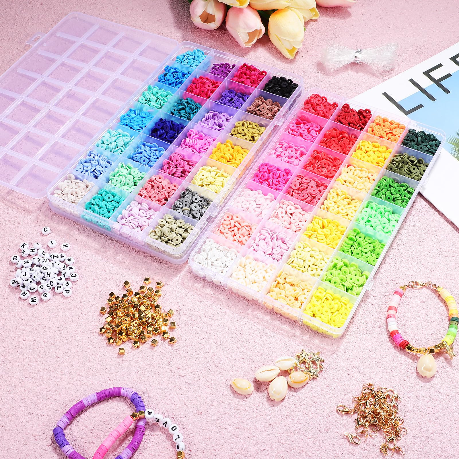 Kit de Cuentas de Arcilla Coloridas para Hacer Pulseras y Collares Accesorios DIY para Manualidades Incluye Abalorios Dijes y Cierres para Niñas y Aficionados al Bricolaje