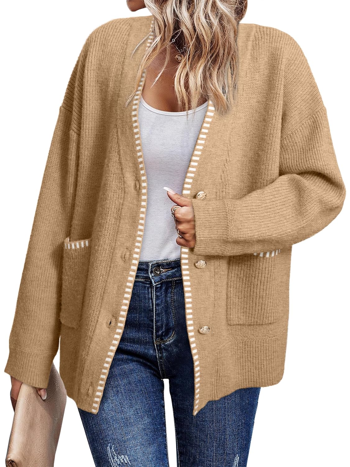Simplee Womens Chunky Oversized Crochet Cardigan Long Sleeve Cable Knit Sweater Casual V-Neck Button Up Outerwear Coats