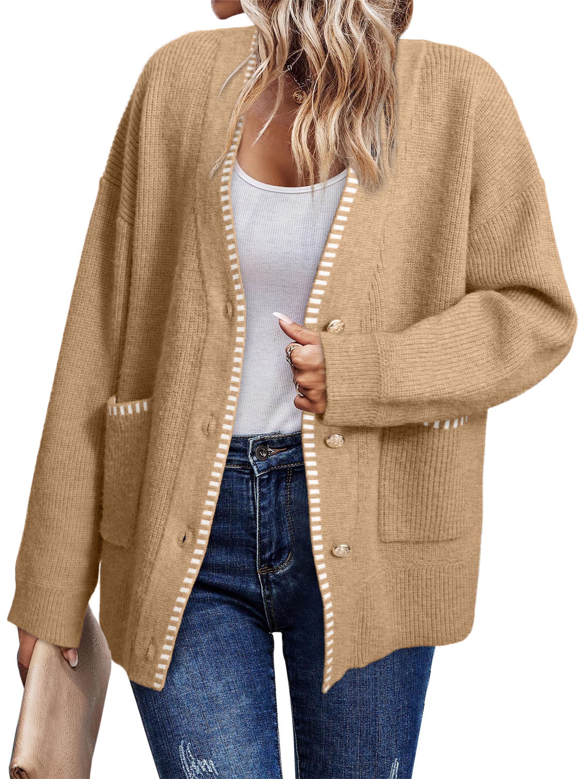 Simplee Womens Chunky Oversized Crochet Cardigan Long Sleeve Cable Knit Sweater Casual V-Neck Button Up Outerwear Coats