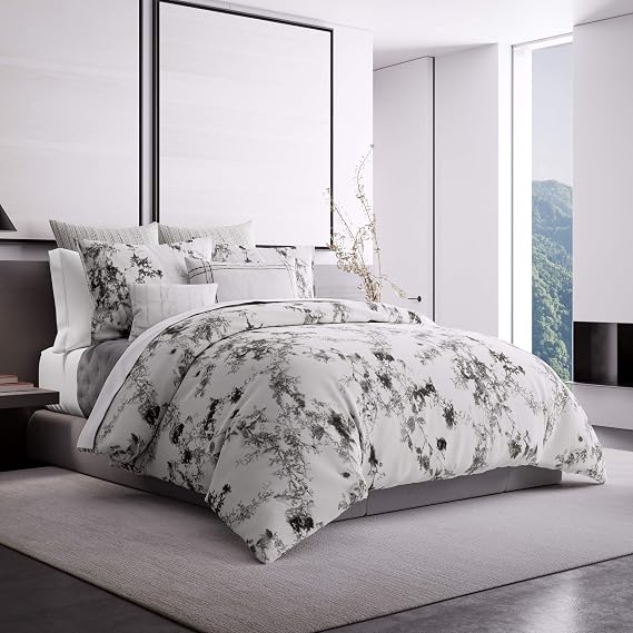 Vera Wang - Sham, Luxury Organic Cotton Percale Bedding, Smooth & Soft Home Decor (Charcoal Vines White, Standard Sham)