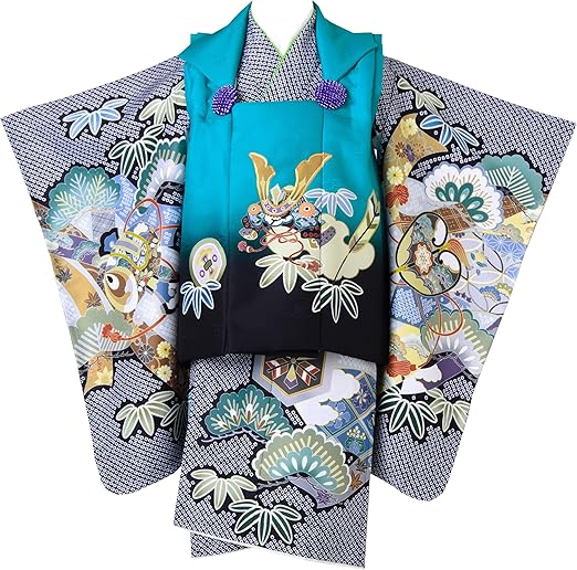 Amazon 七五三 着物 3歳 男の子 販売 購入 被布セット 日本の晴れ着 陽気な天使 優5 兜 黒 ブラック 青 ブルー フルセット 着物 浴衣 甚平 通販