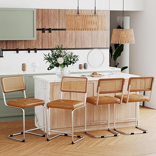 Miniatura 3 de Alunaune Juego de 2 taburetes de bar marrón de mediados de siglo de 24 pulgadas, de ratán natural, sillas de cocina, sillas de comedor laterales