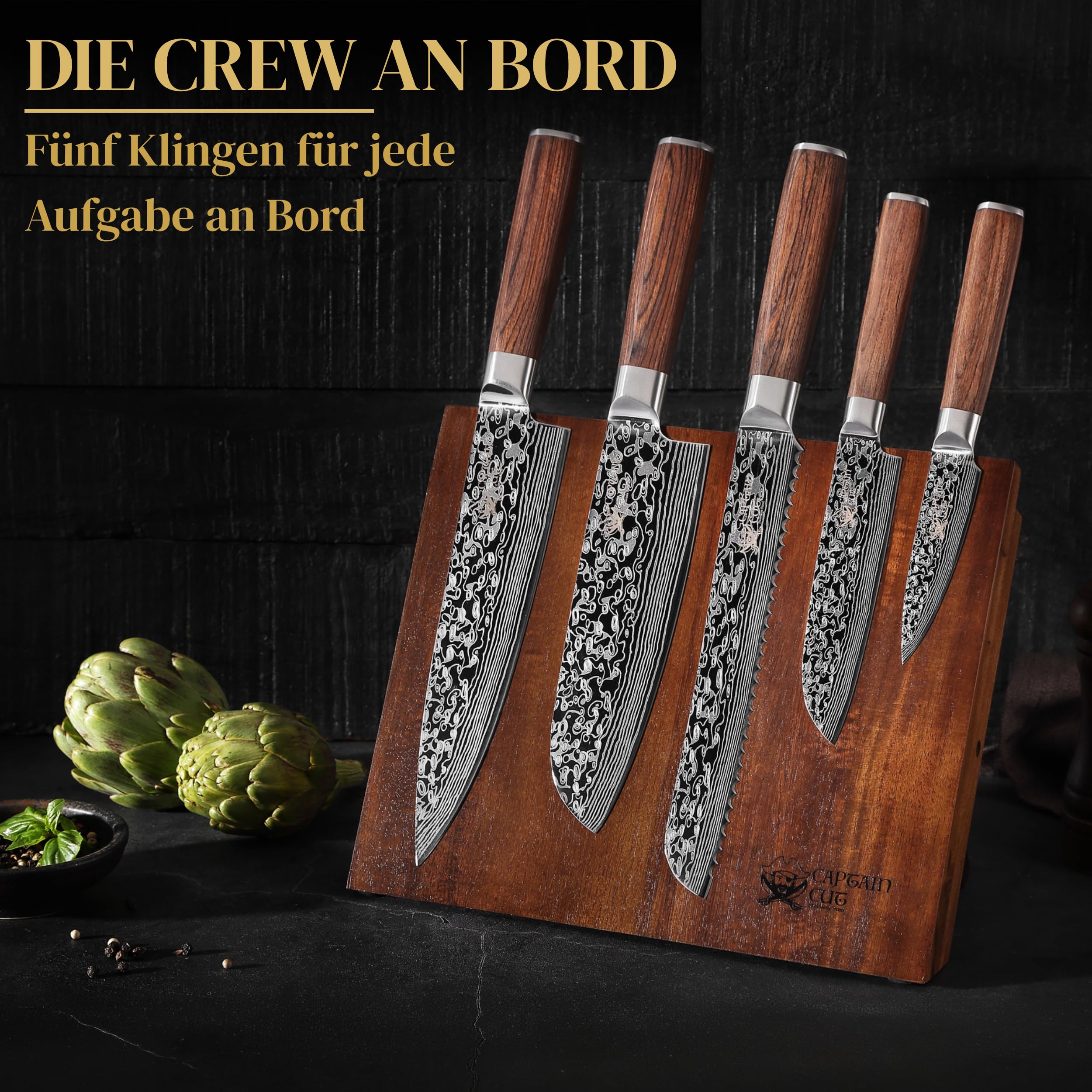 Messerset mit Block – 5-teiliges Küchenmesser Set mit magnetischem Messerblock aus Akazienholz | scharfe Edelstahl-Messer in Damast-Optik, Pakkaholzgriff | Kochmesser, Santoku & Brotmesser