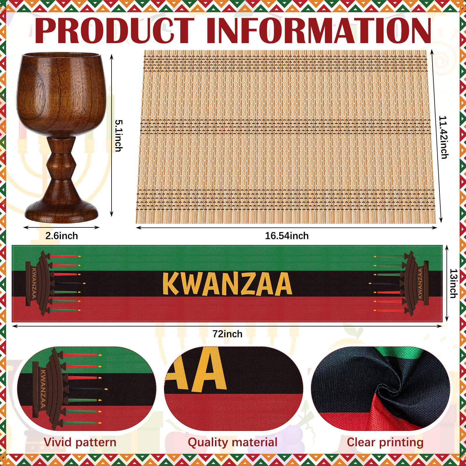 Thyle Kwanzaa Kinara-Set, 7 LED-Kerzen, Poster, Bambus-Tischmatte, Kerzenhalter, Weinkelch, Kente-Tuch, künstlicher Obst- und Gemüsekorb, Tischläufer, afrikanische Dekoration für Kwanzaa, 22 Stück