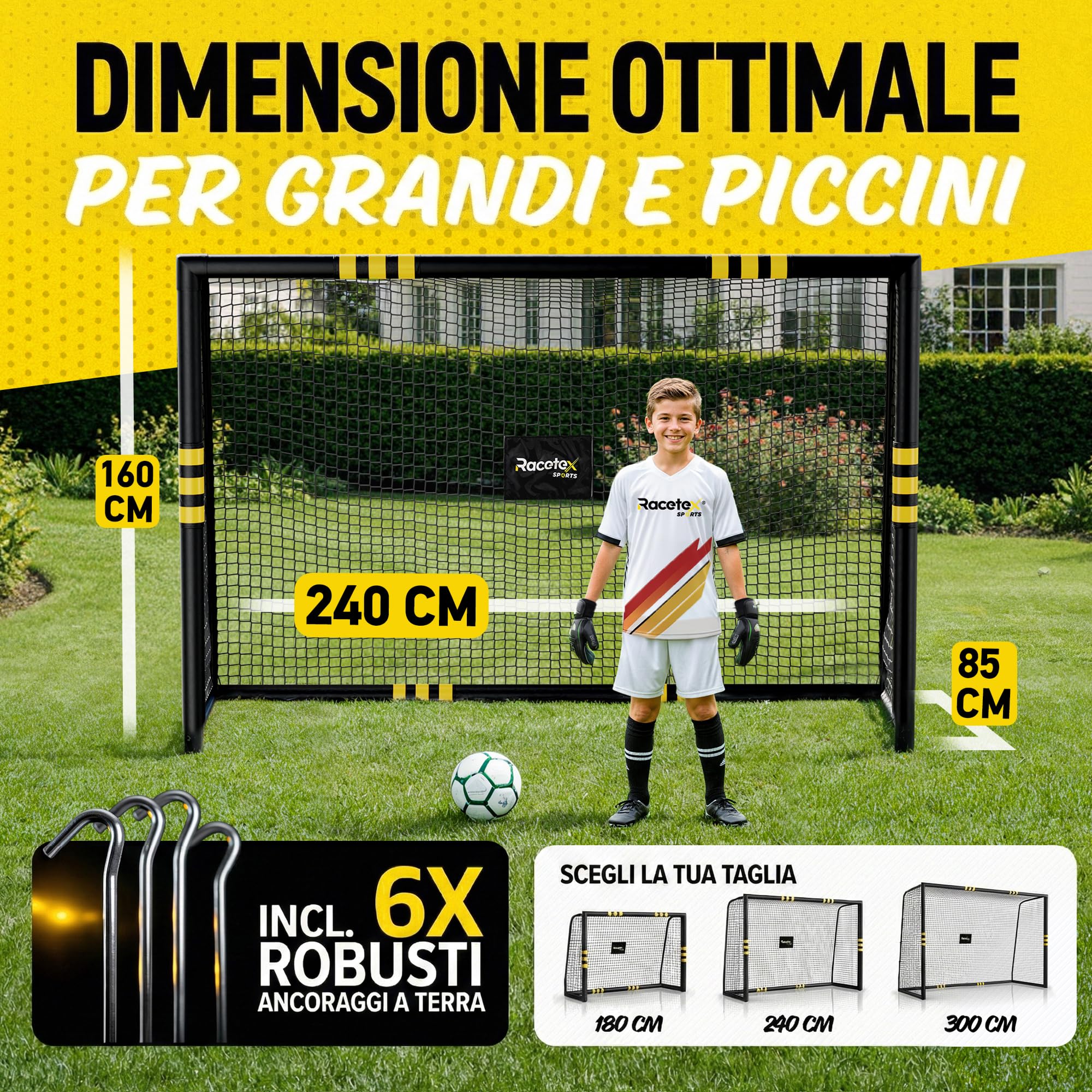 Racetex Porta Calcio Professionale con Imbottitura per Bambini e Adulti - Grandi Porte da Calcio con Picchetti