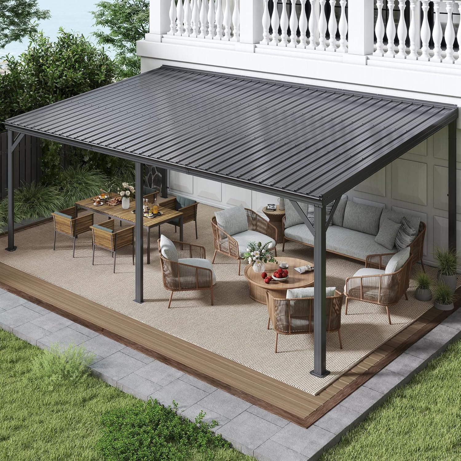 Domi 12'x20' Hardtop Lean to Gazebo with Gutters, Connectable Wall Mounted Gazebo Pergola with Galvanized Steel Roof, 60MPH Wind Resistance, Outdoor Large Metal Canopy, for Patio, Deck, Lawn - Grey