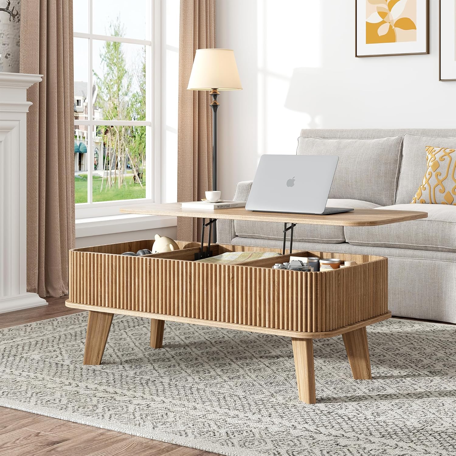 Fluted Lift Top Coffee Table with Storage, Modern Wood Coffee Table Retro Center Table with Hidden Lifting Table Top Compartment for Living Room, Home, Office, Natural