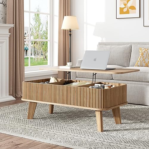 Miniatura 7 de Mesa auxiliar con parte superior acanalada con almacenamiento, mesa de centro de madera moderna con compartimento superior oculto para sala de