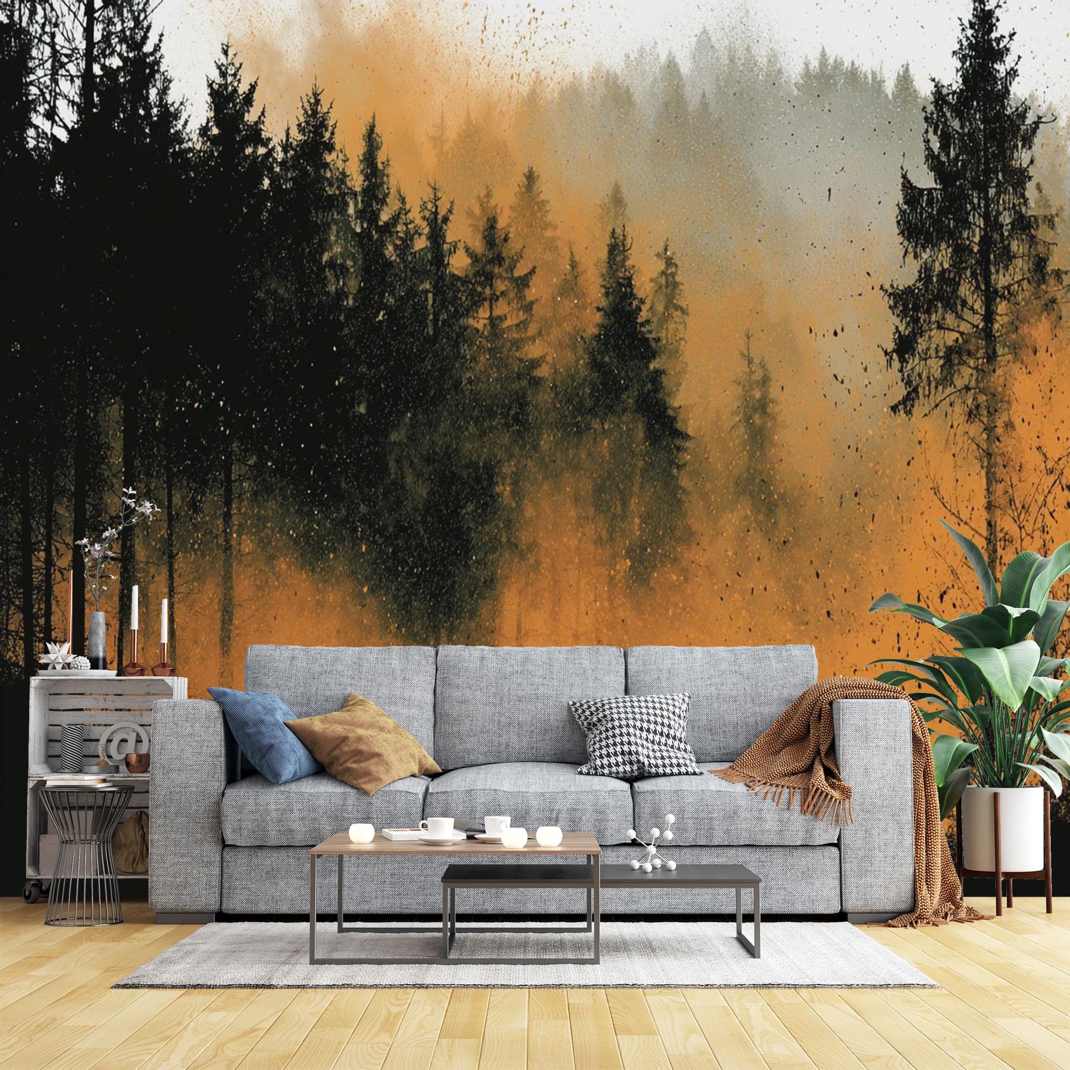 Custom Size Wall Murals Misty Pine Forest Silhouette Wall Murals Moody Forest Wallpaper, Wall Covering Fabric Self-Adhesive Removable Wallpaper for Office