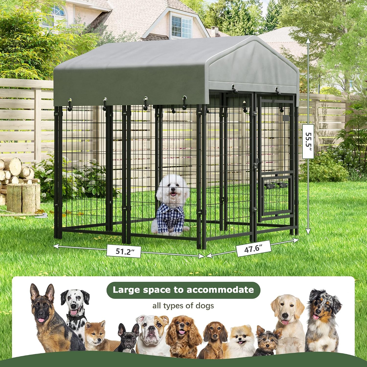 HOGYME Outdoor Dog Kennel with Roof, Dog Kennel Outside with 2 Dog Bowls, Large Dog House Pen Dogs Run Enclosure with Secure Lock and Wateproof Sunproof Cover (4'L x 4'W x 4.6'H)