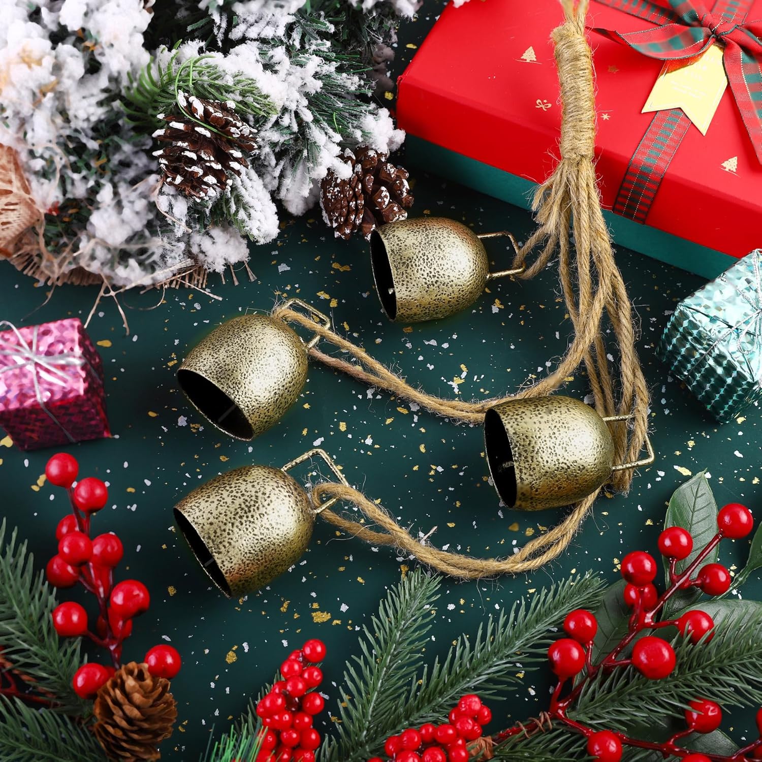 Fovths 3 Sets Christmas Cow Bells Rustic Metal Hanging Bells 4 Harmony Wind Chimes Bells Xmas Iron Vintage Cow Bells with Rope for Christmas Tree Wall Garden Garland Decor - Image 4