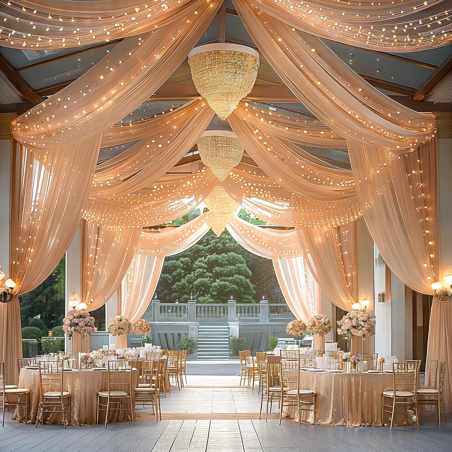6 Panels Deep Champagne Ceiling Curtains with Lights for Weddings - 5ftx10ft Wrinkle-Free Tulle Fabric Wedding Arch Draping Ceiling Drapes Decorations for Wedding Party Ceremony Stage Tent Event