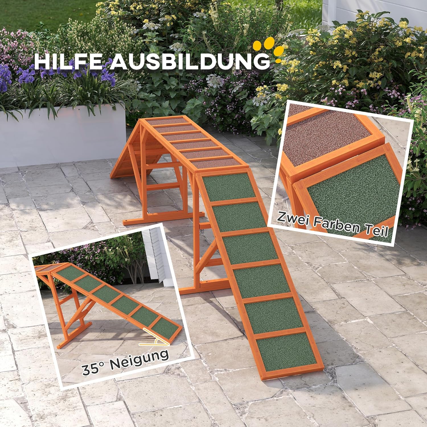 Détail de la solidité du cadre en bois de la passerelle d'agilité PawHut