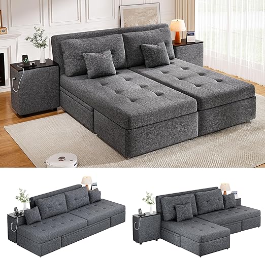 DWVO Queen Size Sofa Bed, 5-in-1 Multi-functional Convertible Sleeper Sofa with 2 Storage Cabinet Nightstand & USB Ports, 100" Sectional Sofa Couch with 2 Comfy Pillows for Living Room Apartment, Grey