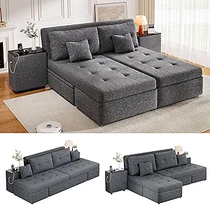 DWVO Queen Size Sofa Bed, 5-in-1 Multi-functional Convertible Sleeper Sofa with 2 Storage Cabinet Nightstand & USB Ports, 100" Sectional Sofa Couch with 2 Comfy Pillows for Living Room Apartment, Grey