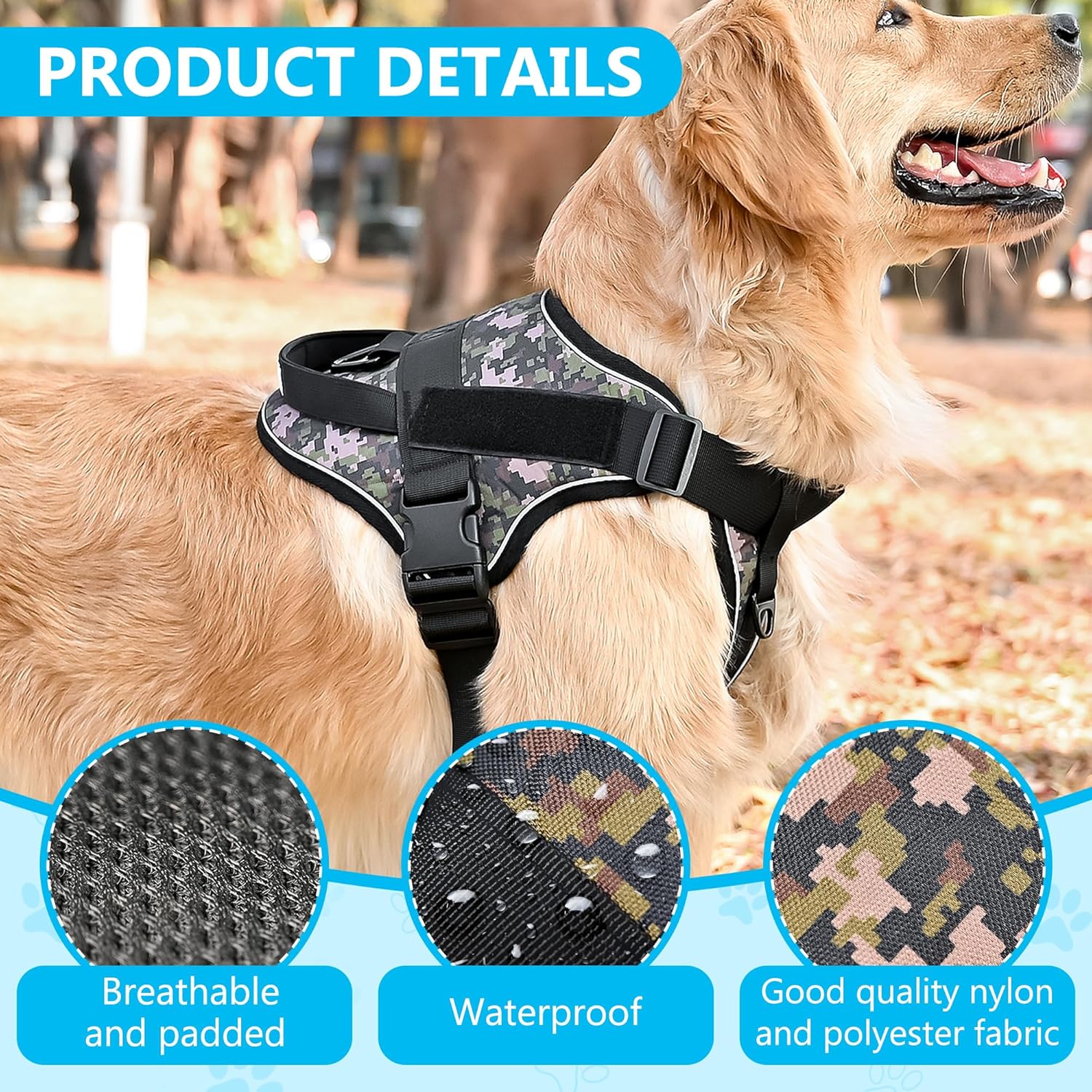 No-Pull Dog Harness for Large and Medium Dogs, Reflective, Adjustable, Padded Chest, Dual Leash Clips, Easy Control Handle, Comfortable Tactical Military-Grade Training, Walking, Hiking