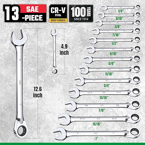 Miniatura 3 de SK Juego de llaves de trinquete reversibles, juego de llaves combinadas, 13 piezas, SAE de 14 a 1 pulgada, 72 dientes, construcción CR-V premium,