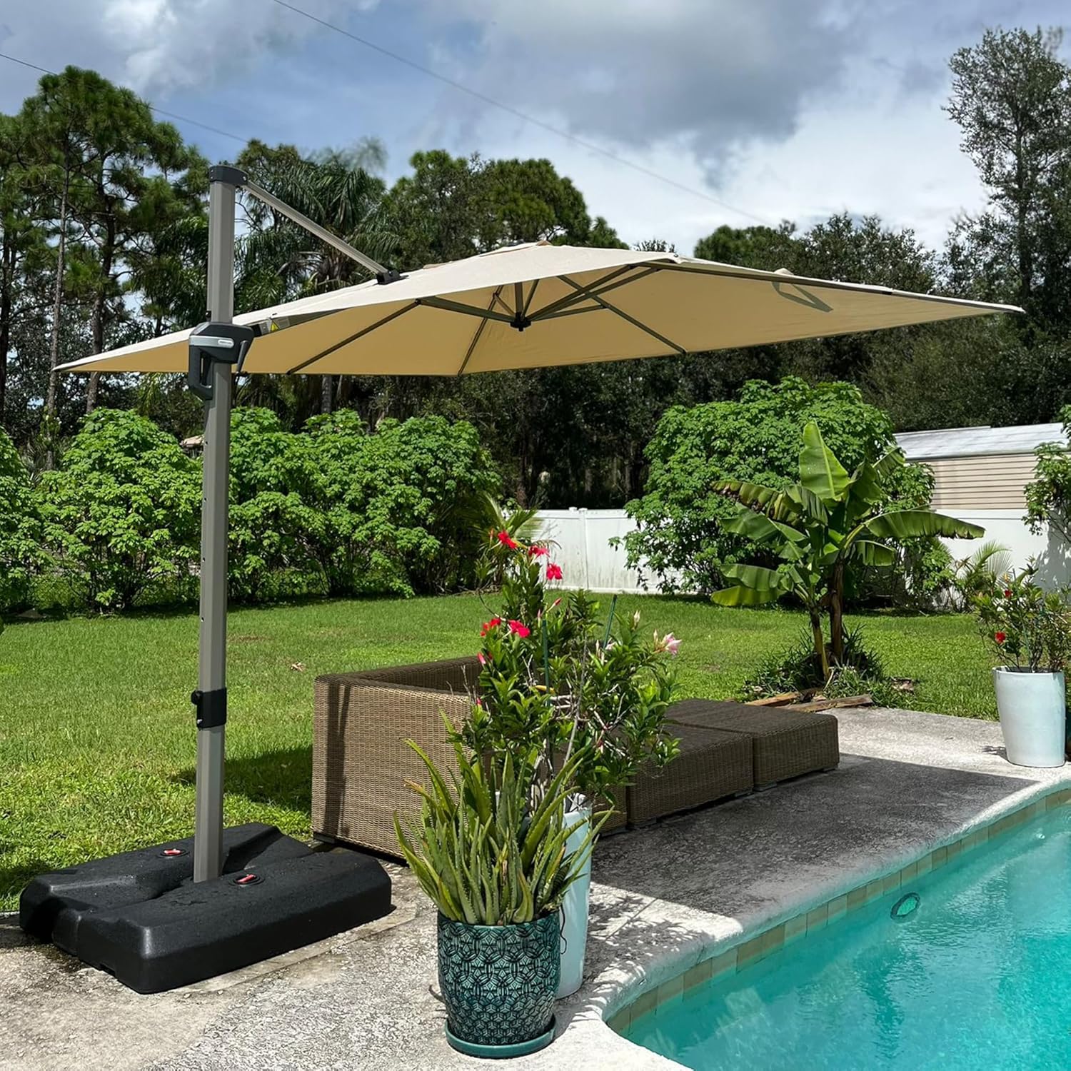 PURPLE LEAF 8’ X 8‘ Patio Umbrella Outdoor Cantilever Umbrella, Aluminum Offset Umbrella with Champagne Frame and 360° Rotation for Pool Deck Garden, Beige