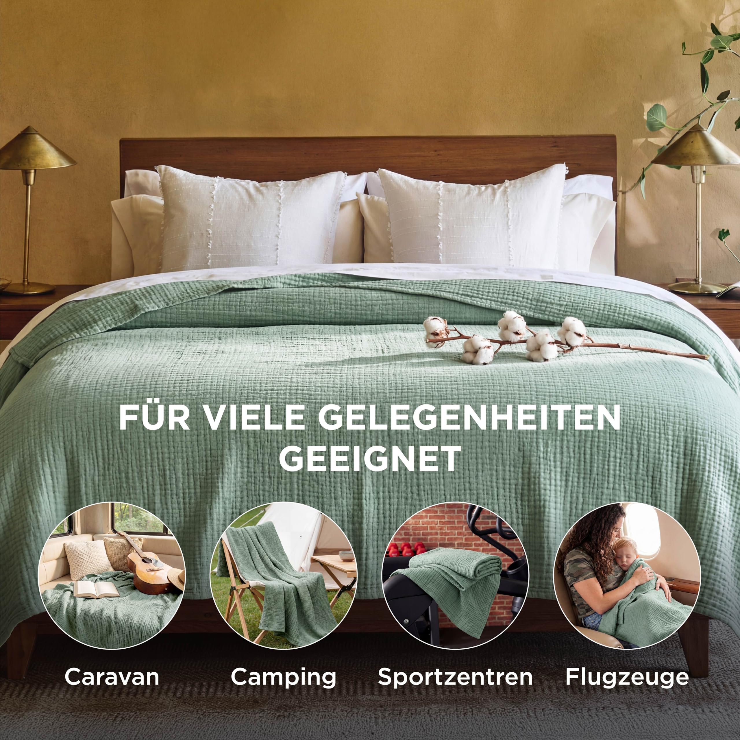 BEDSURE Musselin Decke 100% Baumwolldecke Tagesdecke Gazedecke 150x200 cm Salbeigrün