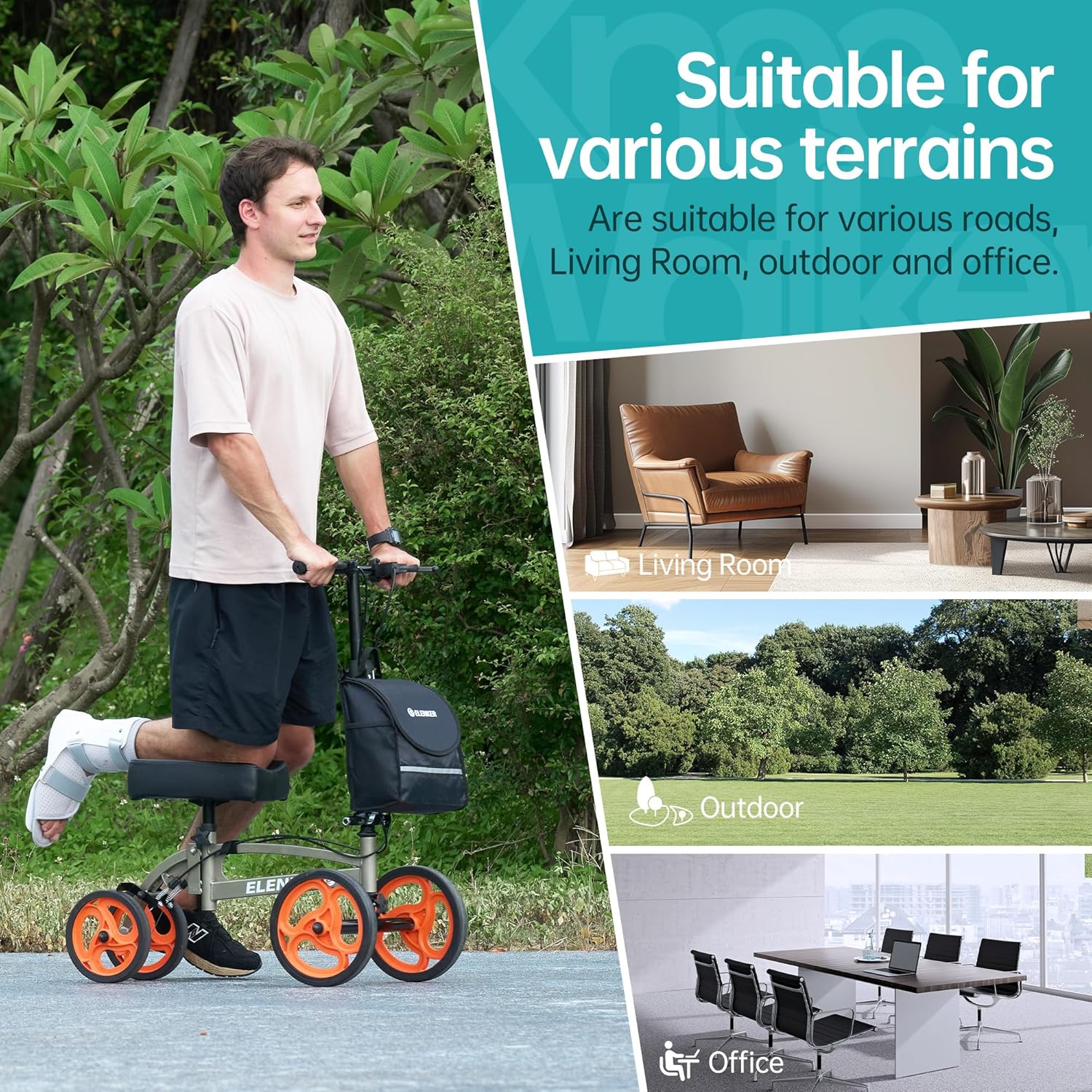 ELENKER Steerable Knee Scooter, Foldable Knee Walker with Basket Dual Braking System, Knee Scooters for or Angle and Injured Foot Broken Champagne