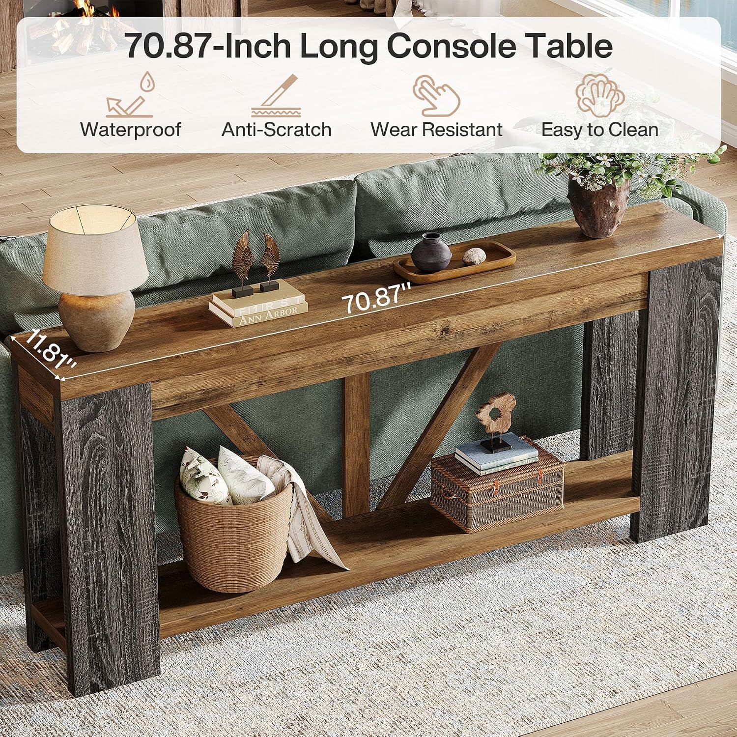Tribesigns console table placed in an entryway with decorative items.