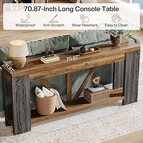 Miniatura 4 de Tribesigns Mesa de entrada extra larga de 70.9 pulgadas, mesa consola de madera de granja con almacenamiento, mesa de sofá moderna detrás del sofá,