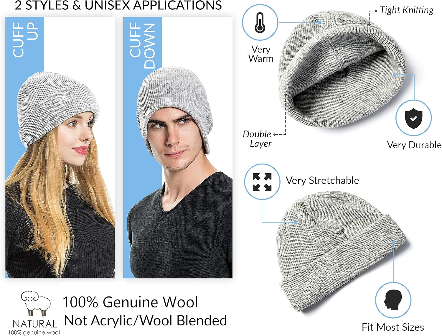 100% Merino Wool Beanie Hat by Elzama 
