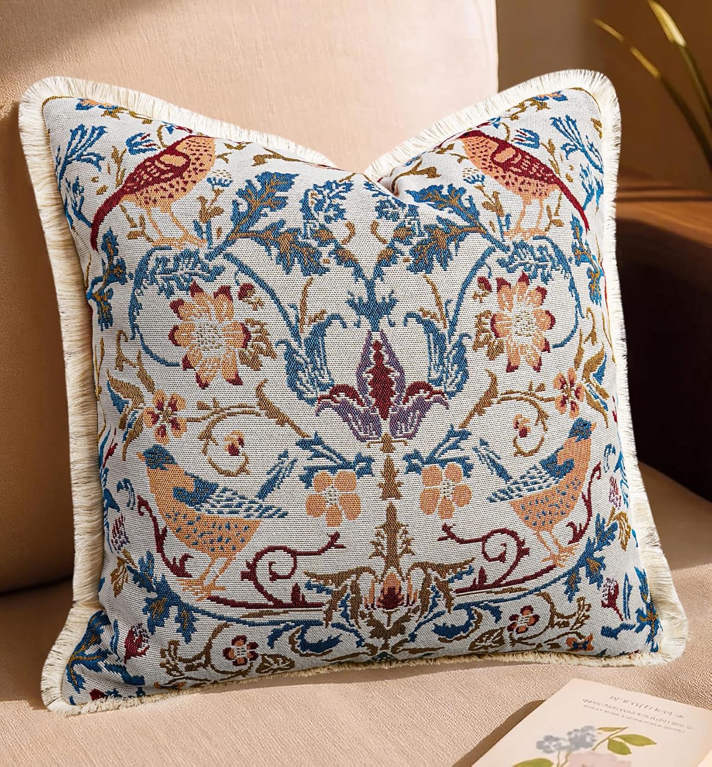 Embroidered Throw Pillow Cover 18x18 - Vintage Floral Bird Decorative Pillowcover with Fringe, Boho Style Zippered Cushion Case for Living Room, Couch, Sofa, Bed Decor (Bird Garden, 18"×18")