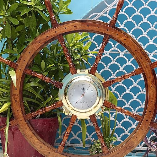 Miniatura 4 de Nagina International Rueda náutica de madera maciza con reloj de tiempo, diseño de capitán marítimo, decoración del hogar, regalo (16 pulgadas)