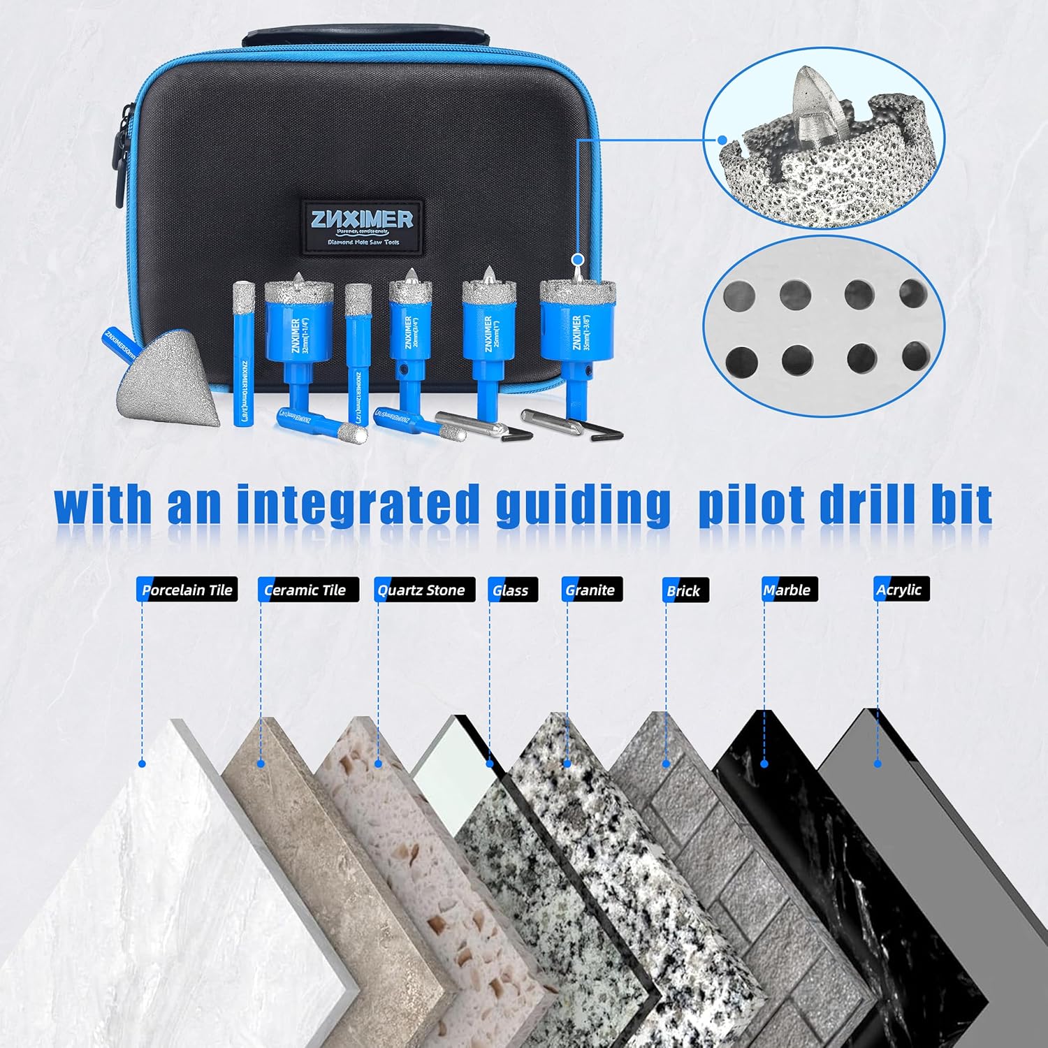 Diamond Hole Saw Kit with Pilot Bit, ZNXIMER Tile Hole Saw with Center Drill Bit for Marble, Granite, Ceramic, Porcelain Tile and More Drilling (K7-6/8/10/12/20/25/32/35MM/2)