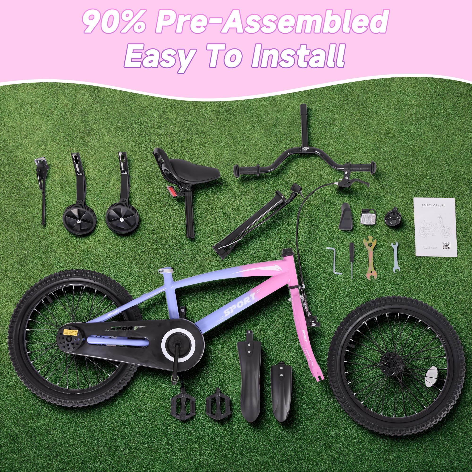 BODIOO Kids Bike for Boys Girls 16 Inches Kid Bicycle with Kickstand Training Wheels Sturdy Frame Adjustable Seat Handbrake and Coaster Brake Bell for Rider Height 41 to 46 Inch