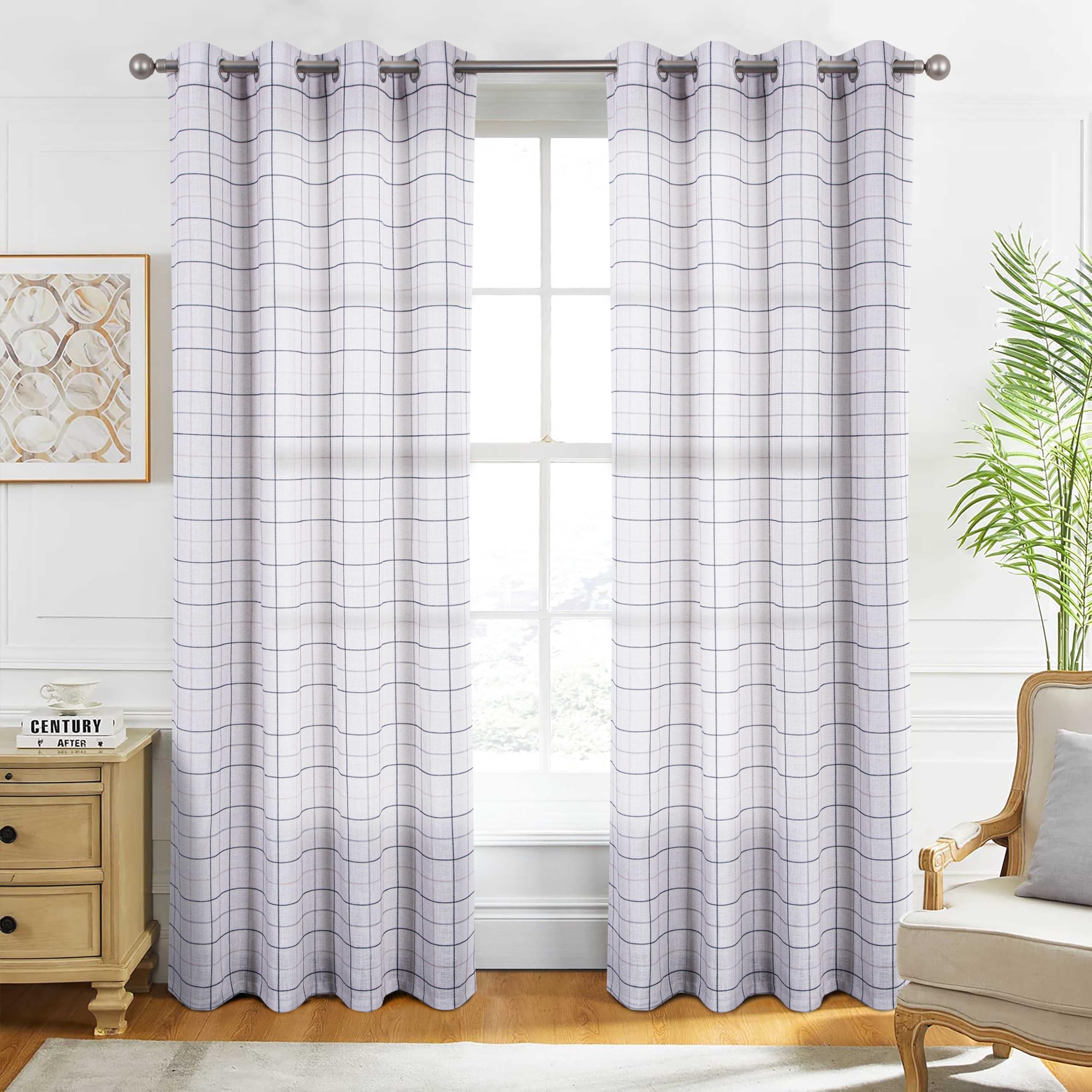 always4u Linen Look Curtains Eyelet Printed Check Curtains Semi-sheer Plaid Drapes for Living Room Bedroom Decoration Modern Textured 1 Pair Beige Black W90 x L90 Inches - Image 2