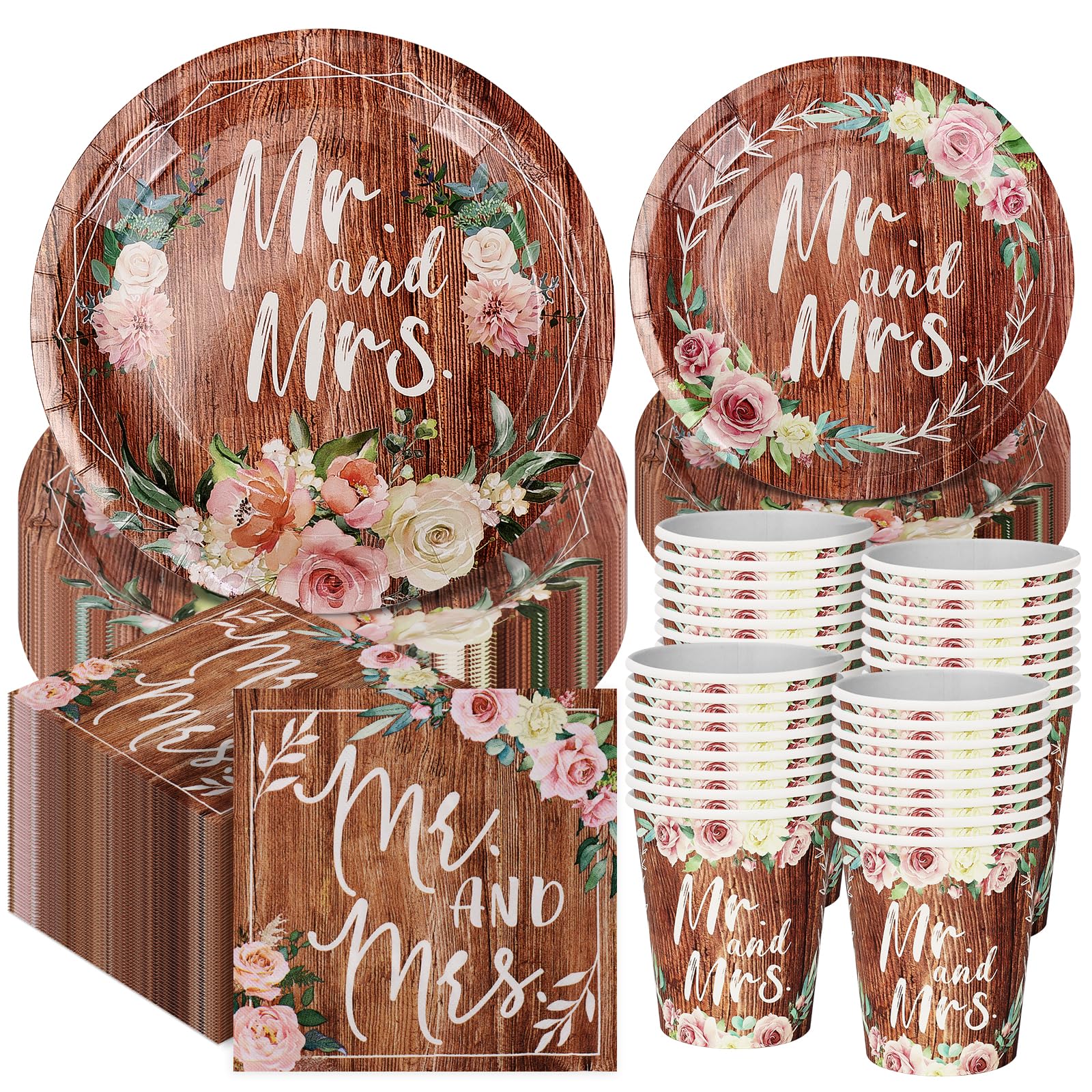 250 Pcs Vintage Floral Party Tableware Set for 50 Guests, Disposable Bridal Shower Plates Cups and Napkins Set, Floral Wedding Party Supplies for Afternoon Tea Garden Party