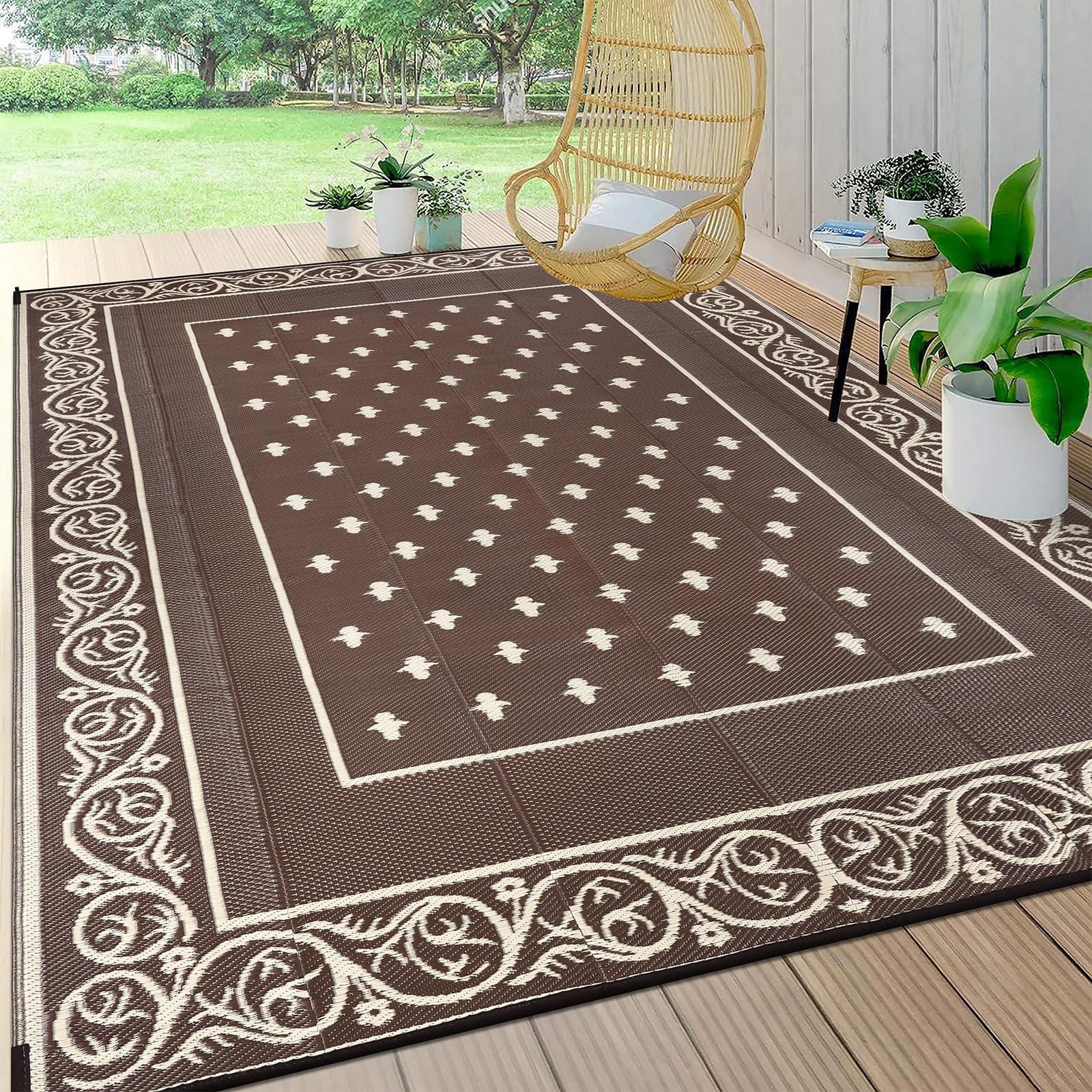 Pauwer Waterproof Outdoor Rug 10x14, Plastic Patio Rug, Bordered Brown
