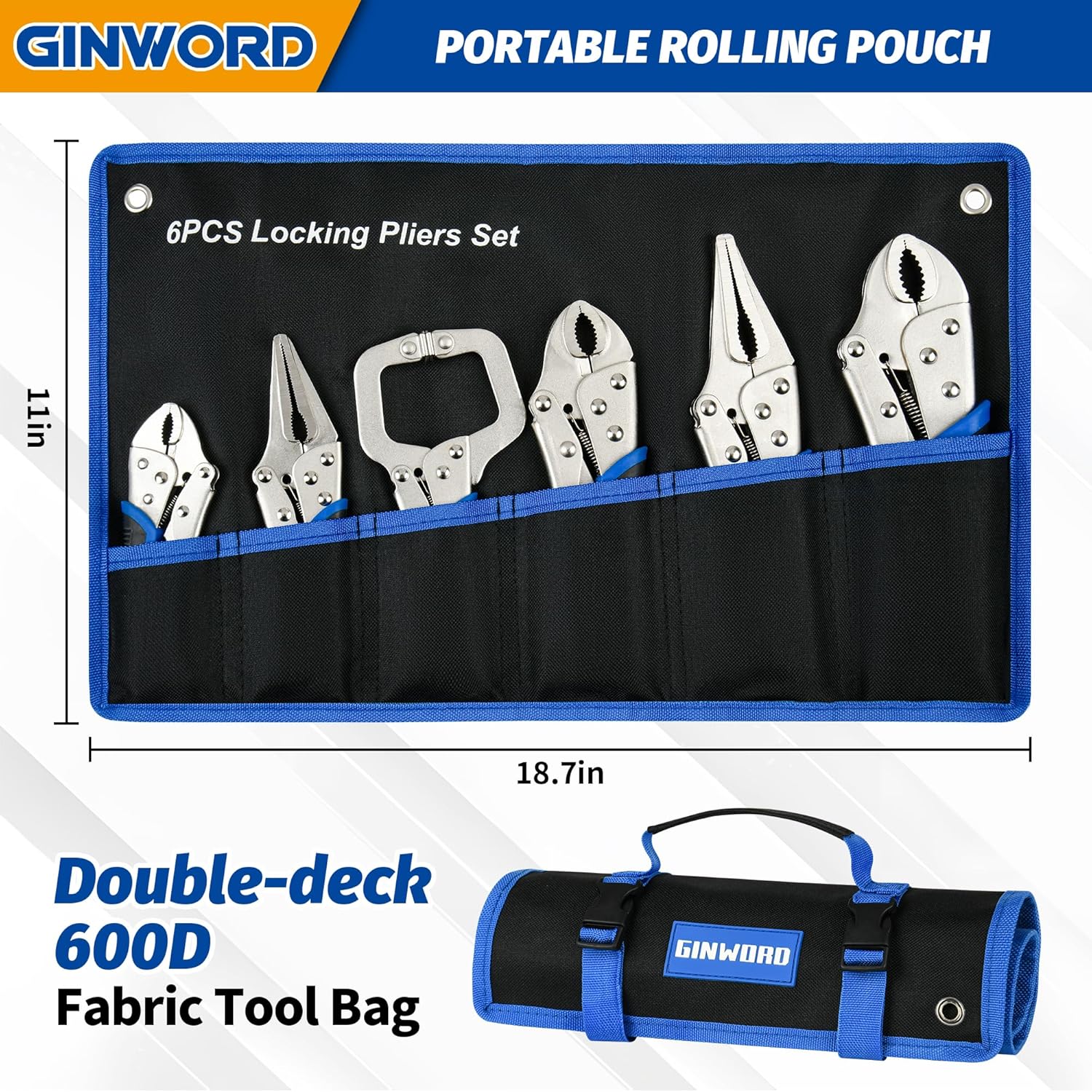 6-Piece Locking Pliers Set, Heavy Duty Vice Grips Pliers Kit with 6-1/2"& 9-1/2" Needle Nose, 5"&7"&10" Curved Jaw & 6" C-Clamp Locking Plier, Professional Vise Grip Tools with Rolling Pouch