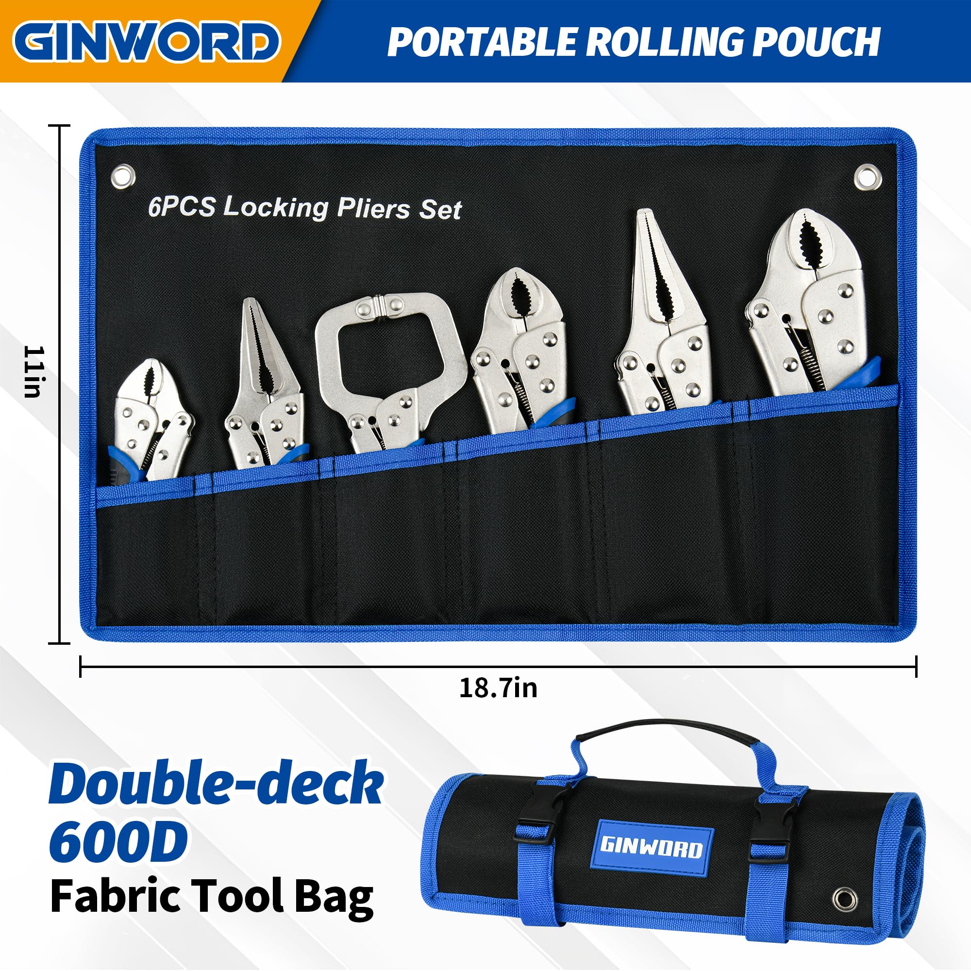 Set di 6 pinze di bloccaggio, set di utensili con custodia arrotolabile, morsa a becco curvo da 15,2 cm e 24,9 cm, pinza di bloccaggio con morsetto a C da 12,7 cm, 17,8 cm e 25,4 cm