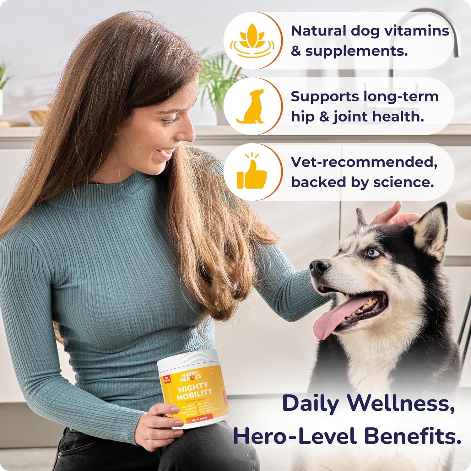Mighty Mobility, Premium Dog Hip & Joint Care, 100% Natural Supplement, Glucosamine, Chondroitin, MSM, & Essential Vitamins, Chicken Flavour, 120 Soft Chews