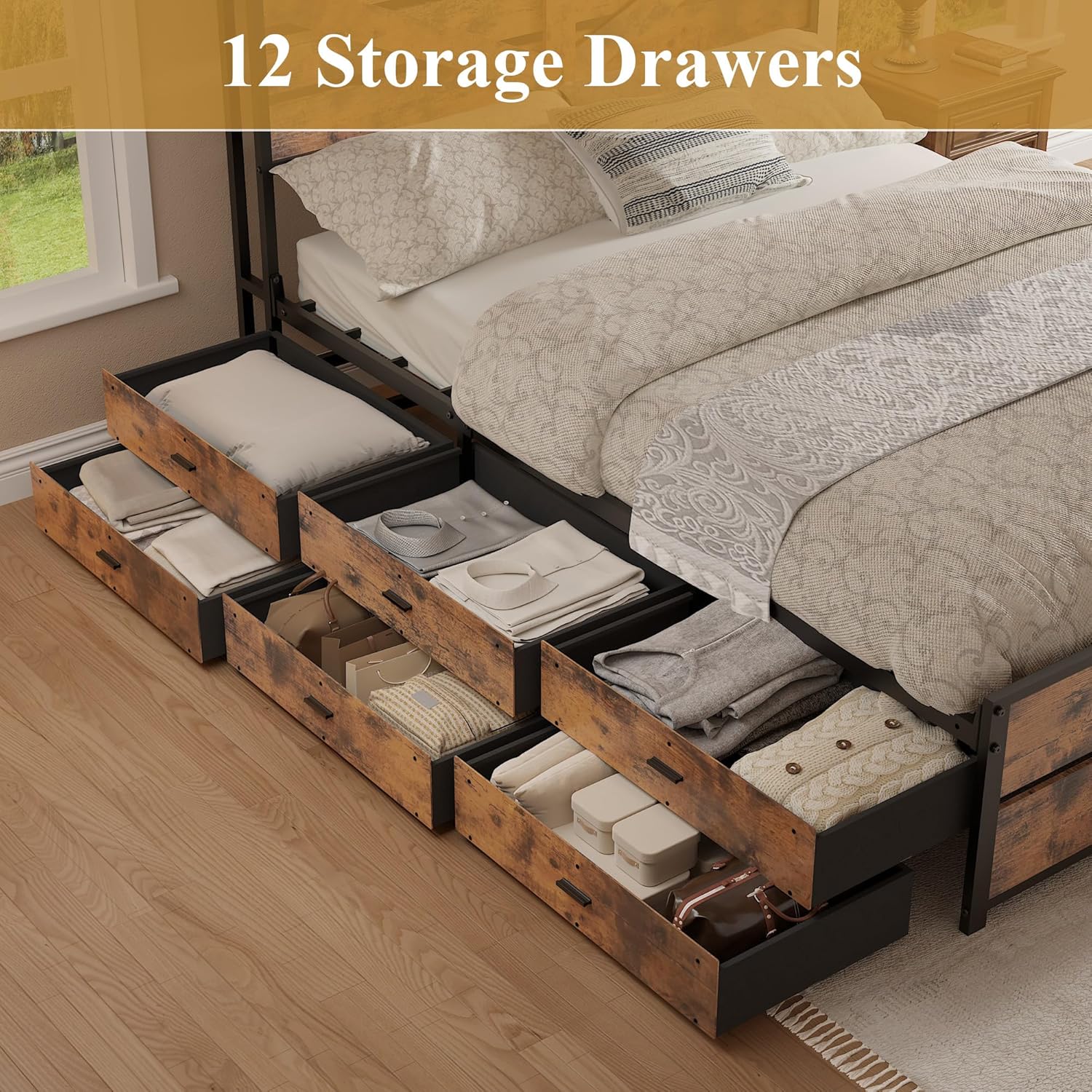 Queen Bed Frame with Storage Headboard & 12 Drawers, Farmhouse Wooden Platform Bedframe with Charging Station, Noise-Free, Metal Slats Support, No Box Spring Needed, Rustic Brown