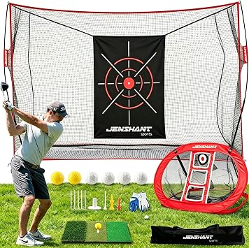 10x7ft Golf Practice Net with Chipping Target, Foldable Mat, 8 Tees & 6 Balls All-in-One Golf Hitting Net for Backyard, Indoor Outdoor Use, Includes Carry Bag for Easy Storage