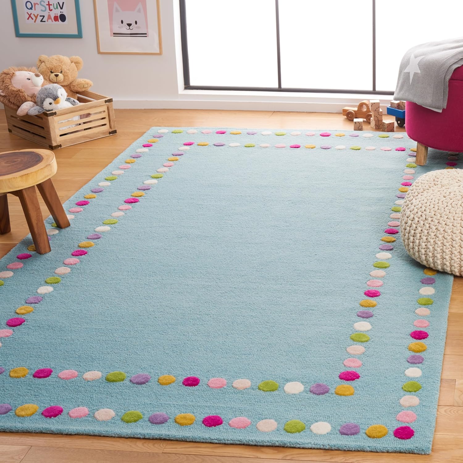 SAFAVIEH Kids Collection Accent Rug - 4' x 6', Blue & Pink, Handmade Polka Dot Border Wool, Ideal for High Traffic Areas in Playroom, Nursery, Bedroom (SFK928M)