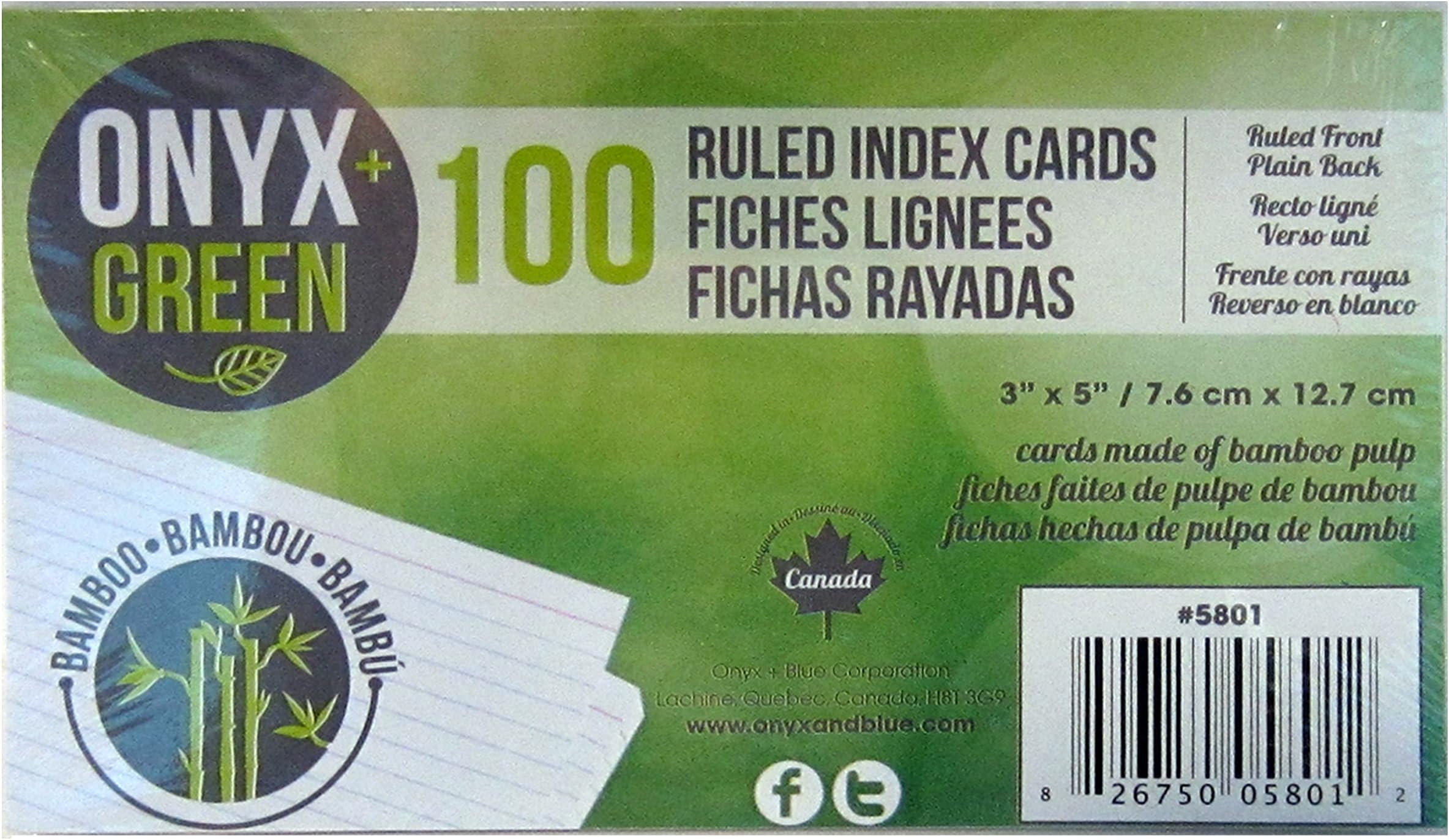 Onyx and Green 100-Pack Index Cards, 3 x 5-Inch, Ruled, Bamboo Paper (5801)