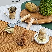 Vista 2 de Juego de 4 cepillos de bambú natural para limpiar botellas, con dispensador de jabón de cerámica, cepillos de madera con asas resistentes