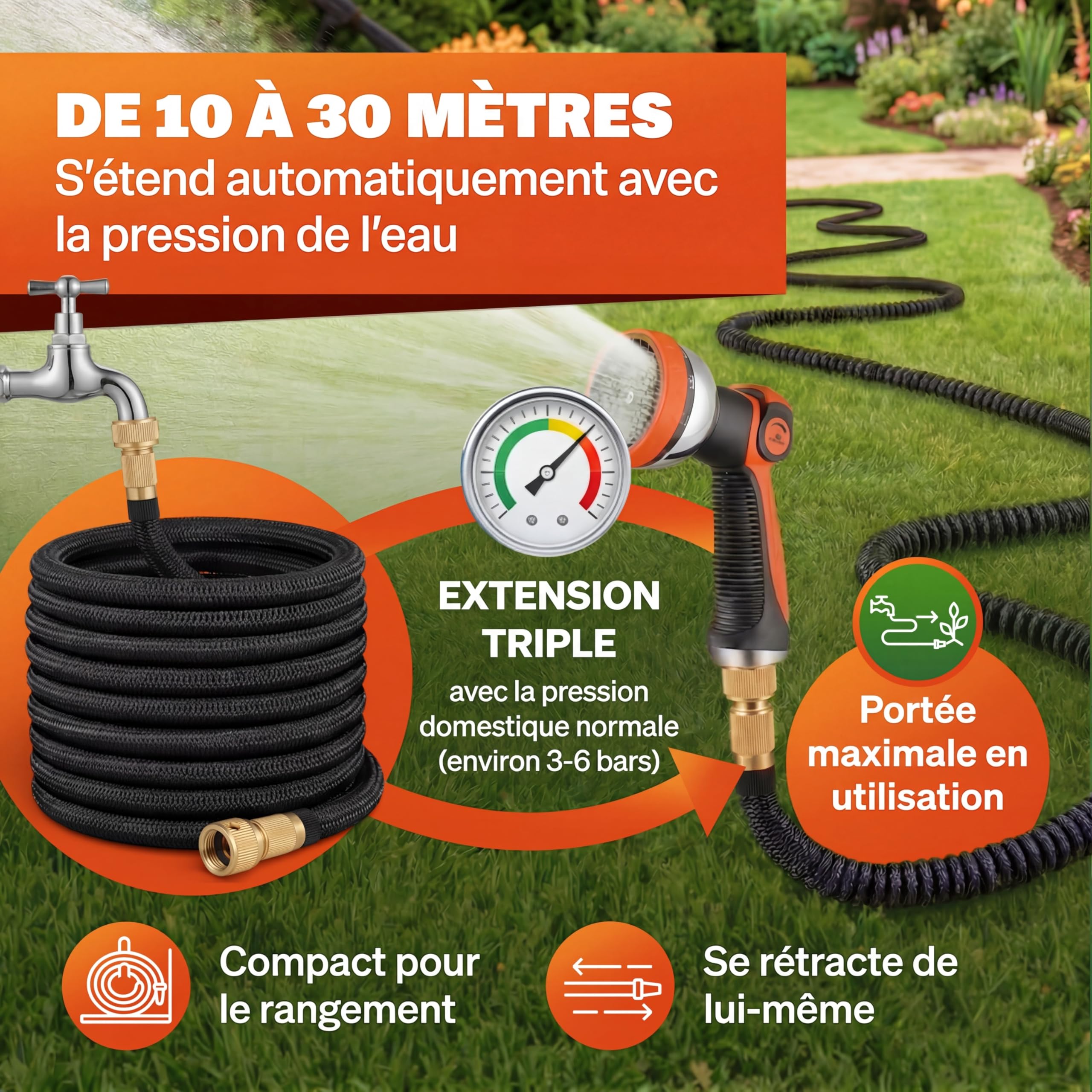 GARDEBRUK® Tuyau d’Arrosage Extensible 30 m Noir– Pistolet Multijets 8 Modes, Raccords Laiton Anti-Fuite, Flexible Latex Triple Épaisseur, Résistant 12 Bars, Enrouleur Léger pour Jardin & Terrasse