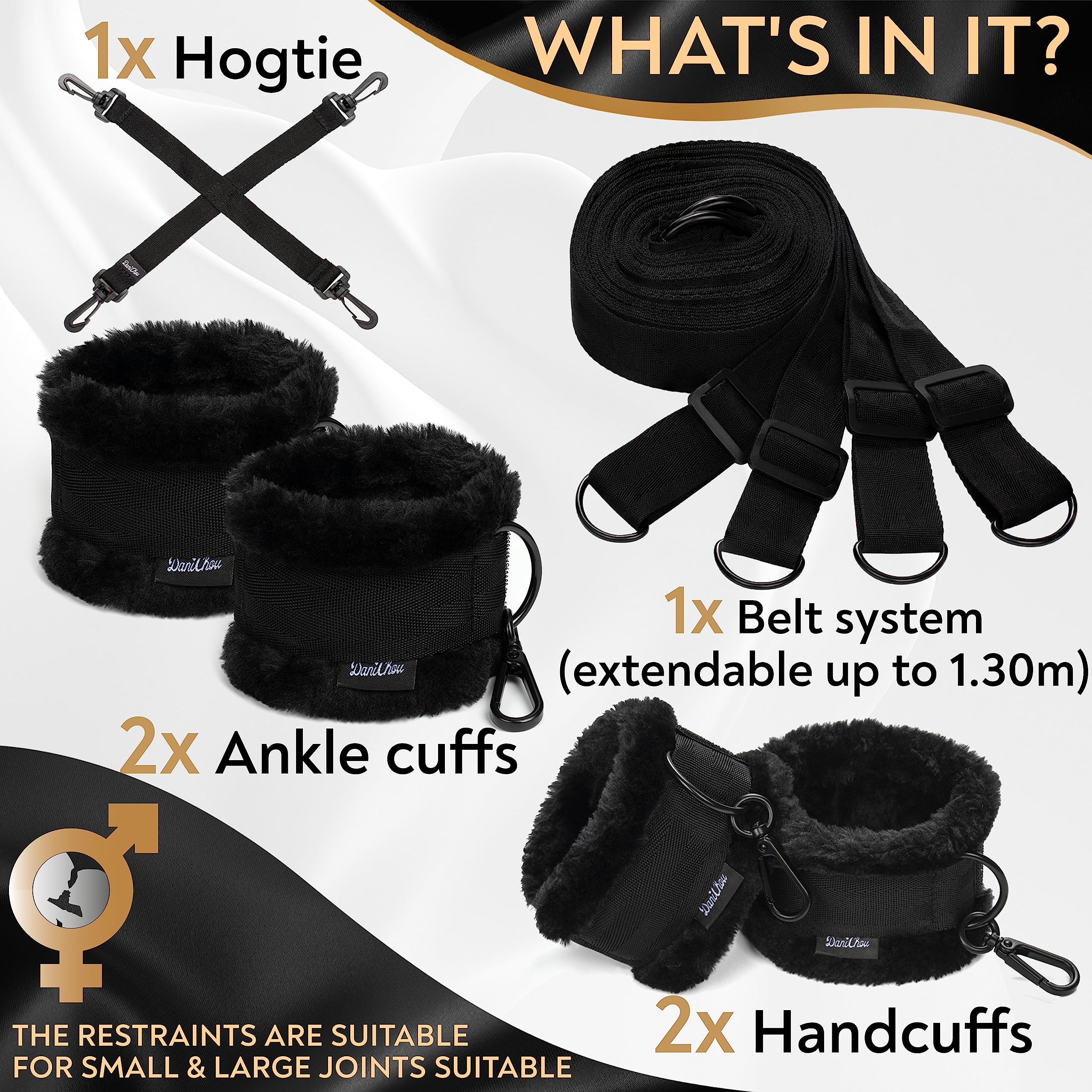 Sujeciones de cama DaniChou® Premium, extra felpa y mosquetón exclusivo, juego de ataduras y bondage, juguetes sexuales para cama, juego de bondage, juego BDSM para parejas, juego de juguetes